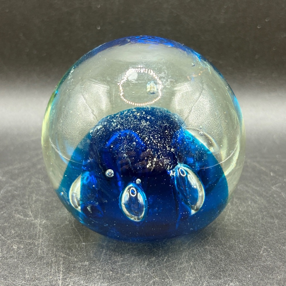 Vintage Blue & Clear Bubble Art Glass Paperweight Collectible Home Decor